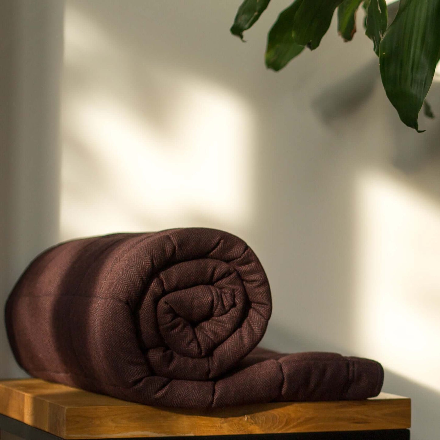 Burgunder Gewichtsdecke aus Merinowolle Noe von KNUS aufgerollt